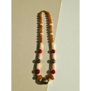 Orange Red Gold Cream Chunky Boho Beaded Necklace, One Size Costume Jewelry